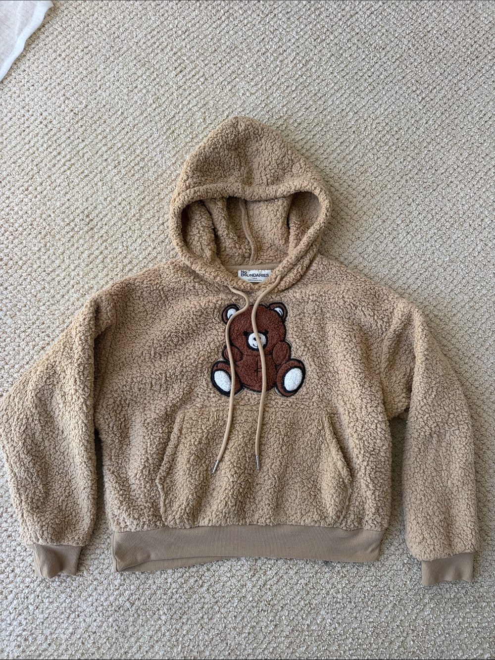 No Boundaries Bear Patch Tan Sherpa Cropped Hoodie size S